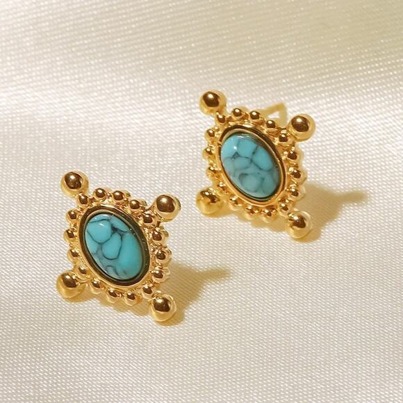 Vintage Inlaid Turquoise Stone Stud Earrings 18K Gold Plated Stainless Steel - Picture 2 of 8